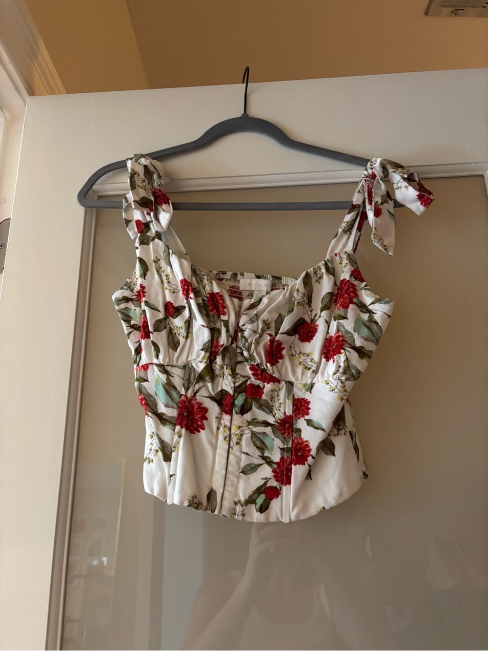 Tie-Shoulder Floral Bustier Top - White with Red Floral